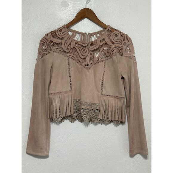 J.O.A Faux Suede Lace Fringe Crop Top M Petal Pink Soft Country Western Festival - Picture 1 of 13